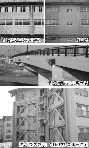 耐震化施工前の小学校/施工後 耐震補強された堀木橋 逆V字型の筋交いで補強された市営住宅