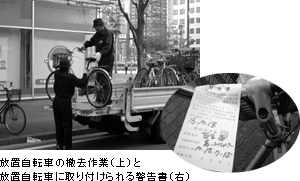 放置自転車の撤去作業(上)と放置自転車に取り付けられる警告書(右)