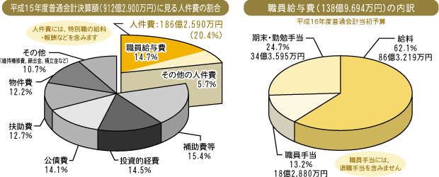 平成15年度普通会計決算額(949億9,117万円)に見る人件費の割合 / 職員給与費(145億7,975万円)の内訳