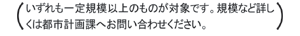 いずれも一定規模以上のものが対象です。規模など詳しくは都市計画課へお問い合わせください。