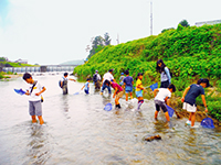 四日市公害と環境未来館　「水生生物調査」川の生物を調べることで、川のきれいさを調べます。